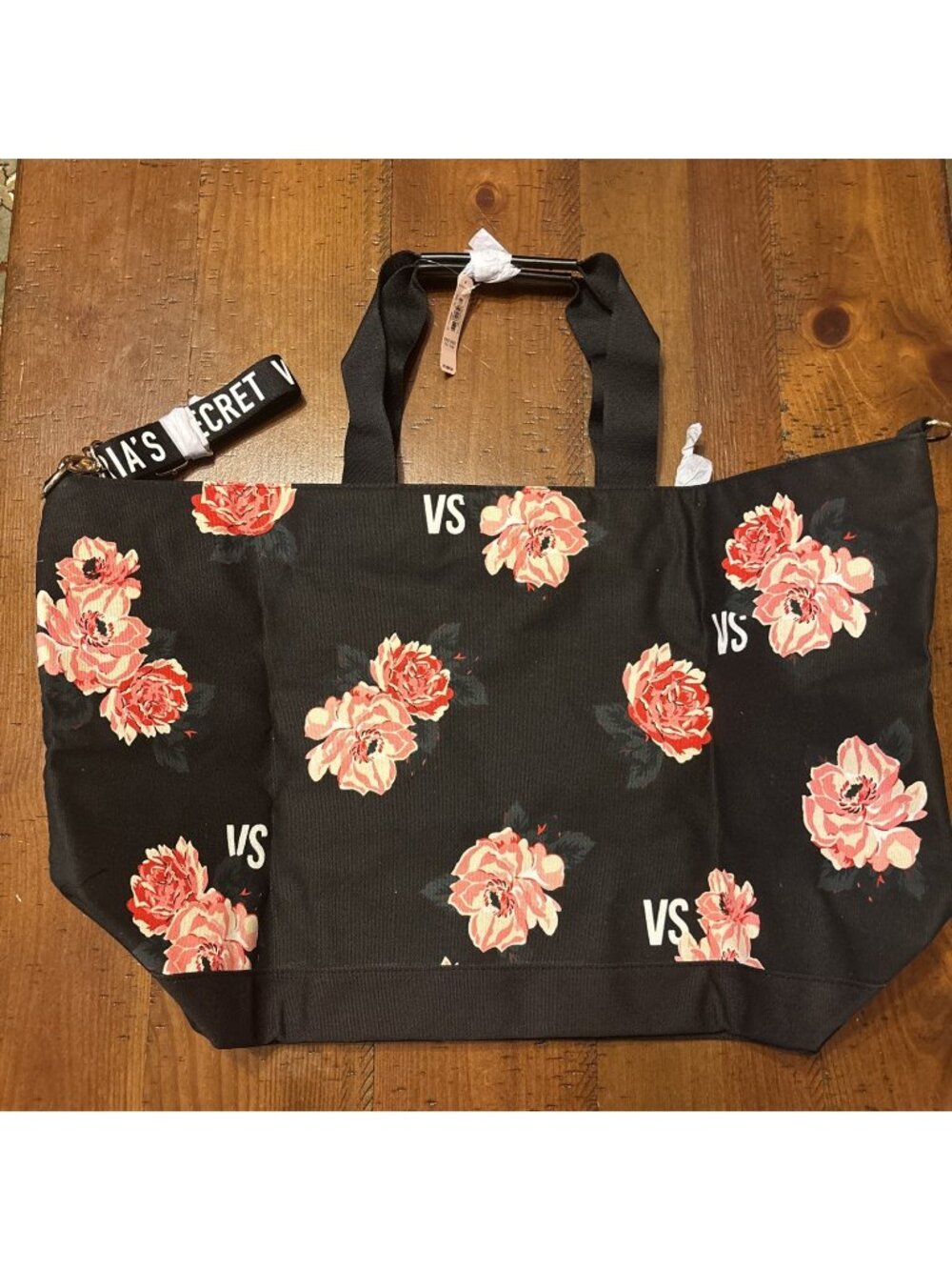 Victoria Secret Tote Canvas Floral Black Tote Bag NWT